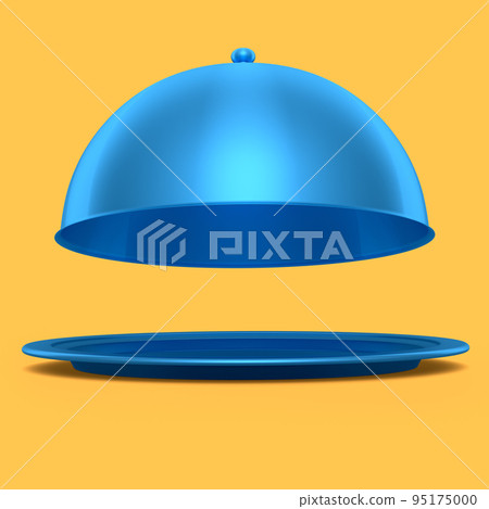Silver tray with cloche ready to serve isolated on yellow background Silver tray with cloche ready to serve isolated on yellow background 95175000