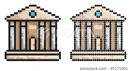 Pixel icon. Facade of university building. Exterior of school house. Simple retro game vector isolated on white background Pixel icon. Facade of university building. Exterior of school house. Simple retro game vector isolated on white background 95175001