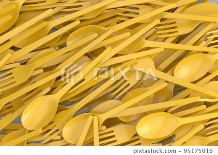 Heap of disposable utensils like spoon, fork and knife on white background. 95175016