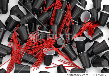 Heap of disposable utensils like plate, folk, spoon,knife and cup on white. 95175017