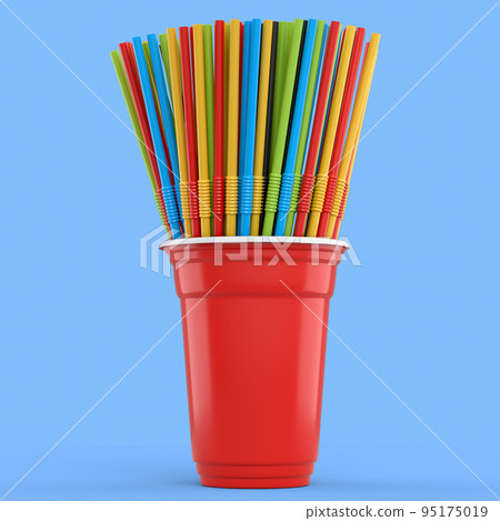 Plastic disposable party cup for coffee or fresh with heap straw on blue. 95175019