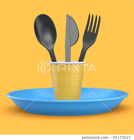 Set of disposable utensils like plate, folk, spoon,knife and cup on yellow . 95175021