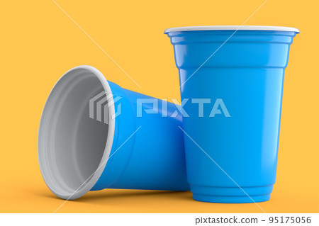 Set of pastic disposable party cup for juice, fresh, beer on yellow background. 95175056