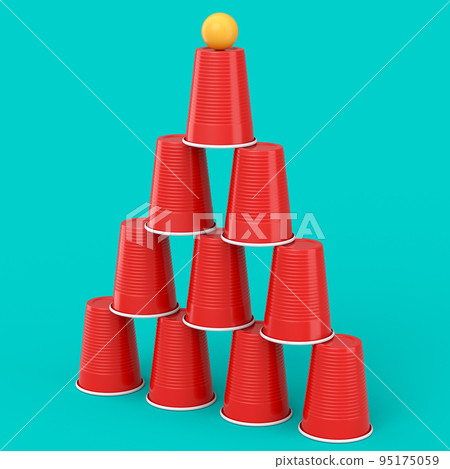 Set of plastic party cup for college ping pong game on green background. 95175059