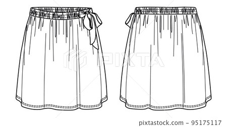 Vector woman skirt technical drawing, skirt fashion CAD  with bow detail, mini skirt sketch, template 95175117