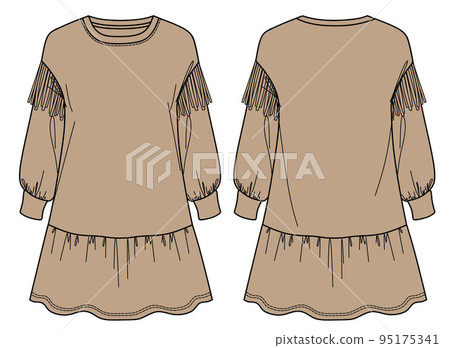 Vector round neck sweat dress fashion CAD, woman long sleeved dress with fringe trim technical drawing, template, sketch, flat Vector round neck sweat dress fashion CAD, woman long sleeved dress with fringe trim technical drawing, template, sketch, flat 95175341