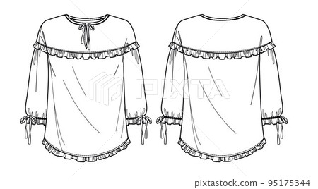 Vector woman blouse fashion CAD, long sleeved top with frills detail technical drawing, template, sketch, flat Vector woman blouse fashion CAD, long sleeved top with frills detail technical drawing, template, sketch, flat 95175344