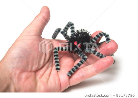 Closeup of decorative spider in hand for Halloween decoration on white background Closeup of decorative spider in hand for Halloween decoration on white background 95175786