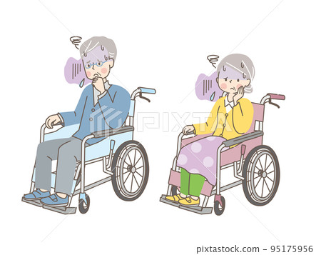 Male and female seniors in wheelchairs Anxiety Male and female seniors in wheelchairs Anxiety 95175956