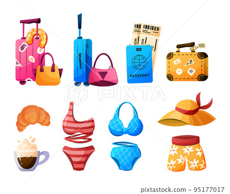 Laggage, passport with tickets, swimsuit, coffee. Set of elements for vacation. 95177017