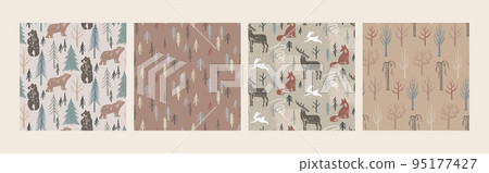 Set of four vector Christmas seamless patterns with hand drawn winter forest trees, animals, abstract texture. Set of four vector Christmas seamless patterns with hand drawn winter forest trees, animals, abstract texture. 95177427