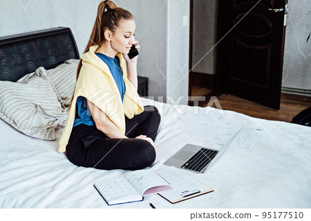 Finding New Job. Hiring Job Search Career Recruitment Website Concept. Young woman in home browsing work opportunities online using job search web sites and applications. 95177510