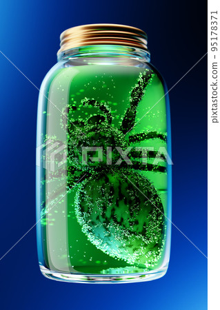 Closeup spider in jar with green liquid. 95178371