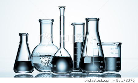Glass chemistry lab equipment on blue background. Chemistry Lab concept. 3d  95178376