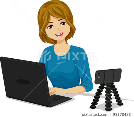 Teen Girl Laptop Mobile Tripod Video Illustration Teen Girl Laptop Mobile Tripod Video Illustration 95178428