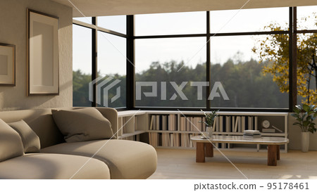 Modern contemporary living room interior with comfortable couch, coffee table and low bookcase Modern contemporary living room interior with comfortable couch, coffee table and low bookcase 95178461