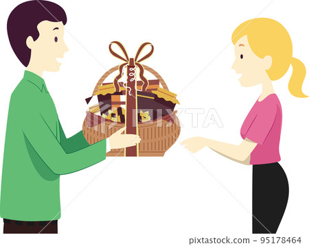 Couple Man Girl Receive Gift Basket Illustration 95178464