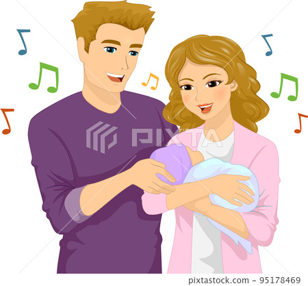 Couple Girl Man Sing Baby Sleep Illustration 95178469