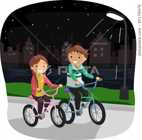 Stickman Couple Night Park Ride Bike Illustration 95178479