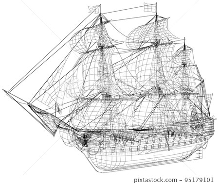 Yachts on sea waves. Seagull in the sky. Draw one continuous line. Vector illustration. Isolated on white background Yachts on sea waves. Seagull in the sky. Draw one continuous line. Vector illustration. Isolated on white background 95179101