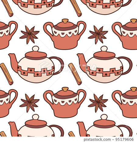 flat vector seamless pattern on the cups and teapot 95179606