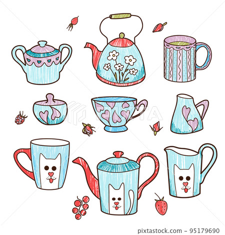 pencil drawings, cup and teapot set, for tea and coffee pencil drawings, cup and teapot set, for tea and coffee 95179690