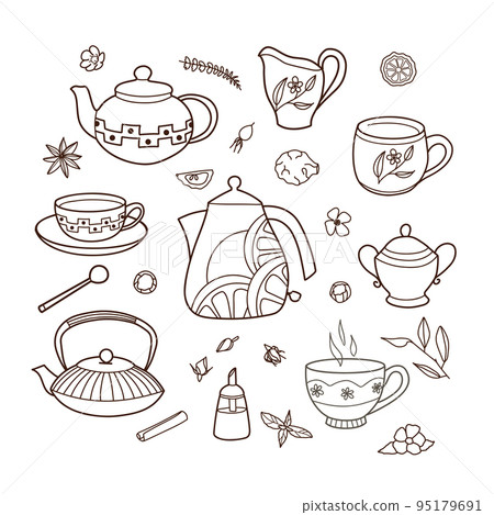contour drawings, cup and teapot set, for tea and coffee contour drawings, cup and teapot set, for tea and coffee 95179691
