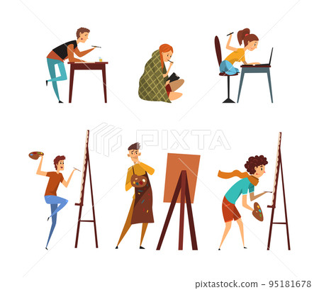 Man and Woman Artist Painting on Canvas with Drawing Easel and on Tablet Graphic Drawing Vector Set 95181678