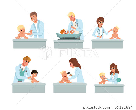 Man and Woman Pediatrician or Medical Doctor Performing Baby Checkup and Examination Vector Set Man and Woman Pediatrician or Medical Doctor Performing Baby Checkup and Examination Vector Set 95181684