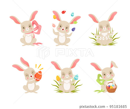 Cute Easter Bunny with Colorful Decorated Eggs with Basket in Grass Juggling Vector Set 95181685