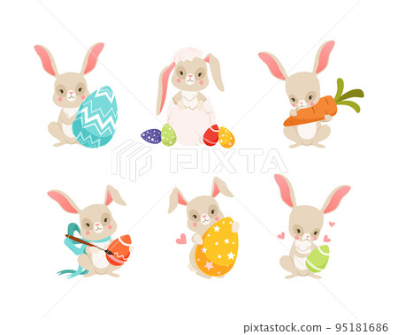 Cute Easter Bunny with Colorful Decorated Eggs with Brush and Carrot Vector Set Cute Easter Bunny with Colorful Decorated Eggs with Brush and Carrot Vector Set 95181686