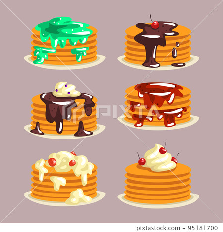 Pile of Sweet Pancakes Poured with Whipped Cream and Chocolate on the Top Vector Set 95181700
