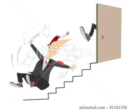 Problems with business communication concept. Man is given a kick to the ass the leg outside the open door and falls down the stairs Problems with business communication concept. Man is given a kick to the ass the leg outside the open door and falls down the stairs 95181738