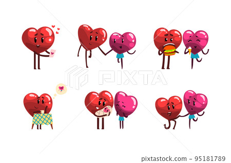 Cute Humanized Heart Character Having Romantic Relationship and Dating Vector Set Cute Humanized Heart Character Having Romantic Relationship and Dating Vector Set 95181789