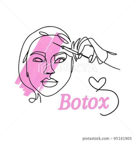 One line drawing, Botox, handwritten inscriptions, a girl face, a syringe for injections in her hand One line drawing, Botox, handwritten inscriptions, a girl face, a syringe for injections in her hand 95181905