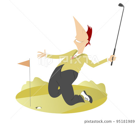 Happy golfer on the golf court. Kneeling golfer man happy to make a good shot	 95181989