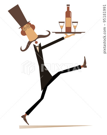 Comic man carries a tray with a bottle and two glasses. Cartoon long mustache man in the top hat carries a tray with alcohol drink and drinking glasses. Isolated on white background	 95181991