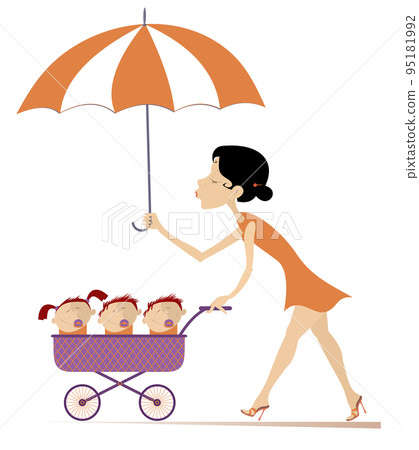 Young woman with children in the baby carriage. Smiling woman with umbrella rolling a baby carriage with three children in. Isolated on white background 95181992