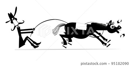 Cartoon rider lassoes a horse. Rodeo. Farmer or cowboy tries to stop the running away horse with lasso. Black on white background Cartoon rider lassoes a horse. Rodeo. Farmer or cowboy tries to stop the running away horse with lasso. Black on white background 95182090