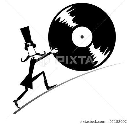 Cartoon man with long play record concept. Funny long mustache person in the top hat pushing big vinyl record. Black on white background Cartoon man with long play record concept. Funny long mustache person in the top hat pushing big vinyl record. Black on white background 95182092