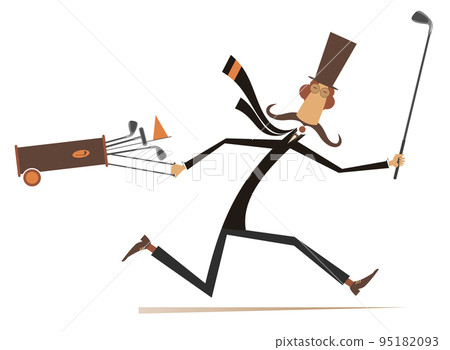 Cartoon man in the top hat running to play golf. Running long mustache gentleman in the top hat with a golf club and golf bag. Isolated on white background 95182093