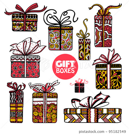 Holiday presents boxes set color doodle 95182549
