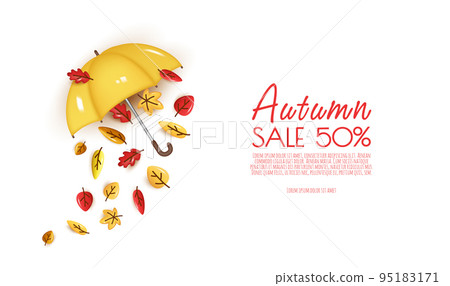 Autumn sale banner template with realistic umbrella and autumn leaves. Vector illustration 95183171