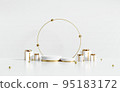 3D rendering white and gold product display stands with gift boxes on white background. 95183172