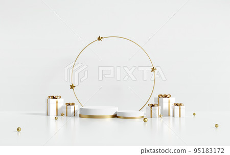 3D rendering white and gold product display stands with gift boxes on white background. 95183172