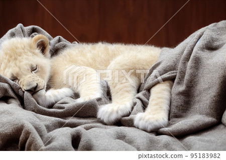 Cute baby white lion cub slepping on on sofa under blanket. 95183982