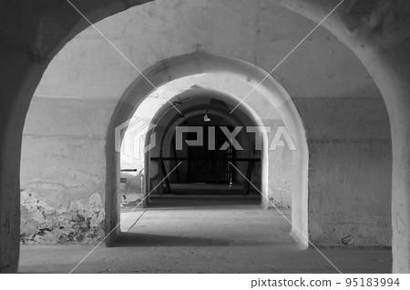 Black and white photo. Old structures made of concrete. 95183994