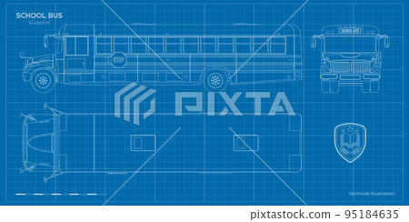 School bus drawing. Outline blueprint of municipal transport. Top, side, front vehicle view. Academy lorry. City transportation. Industrial clipart 95184635