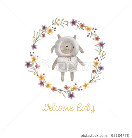 Watercolor welcome baby card with green leaves wreath, plush toy sheep. Isolated on white background. Hand drawn clipart. Perfect for card, postcard, tag, invitation, printing, wrapping. 95184778
