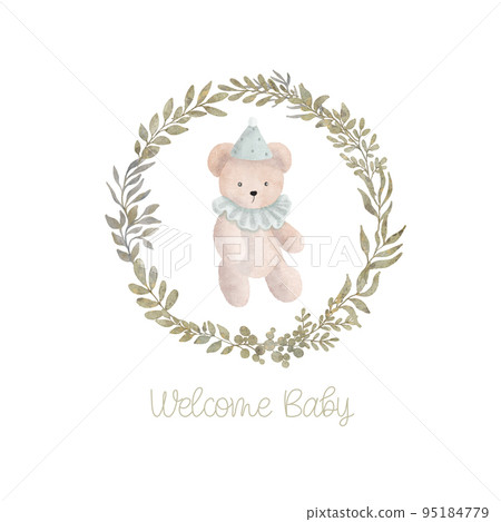 Watercolor welcome baby card with green leaves wreath, plush toy bear. Isolated on white background. Hand drawn clipart. Perfect for card, postcard, tag, invitation, printing, wrapping. 95184779
